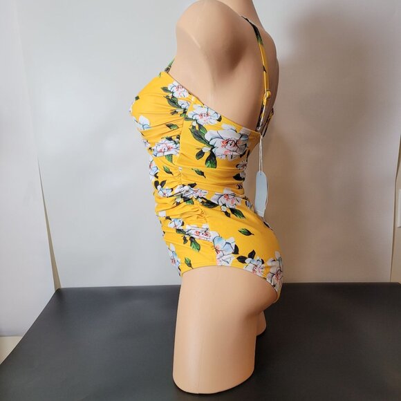 NWT - Smismivo Yellow Floral One-Piece Swimsuit With Ruched Front & Adjustable S - Picture 14 of 16